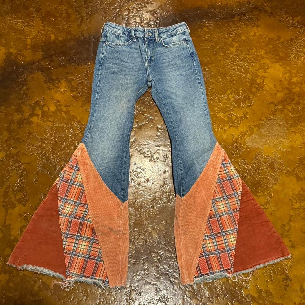 Orange Blue Patchwork Flare Jeans - image 1